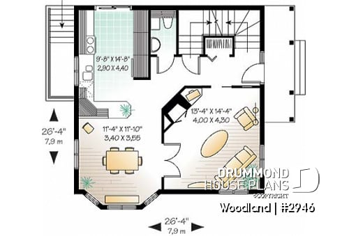 1st level - Scandinavian family wood cottage house plan, 2 bedrooms, mezzanine, low budget, great style - Woodland