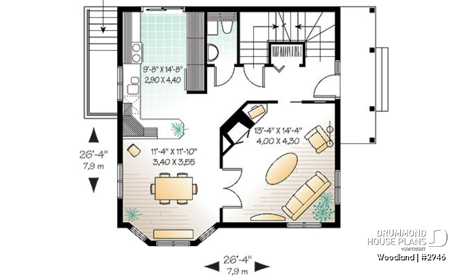 1st level - Scandinavian family wood cottage house plan, 2 bedrooms, mezzanine, low budget, great style - Woodland