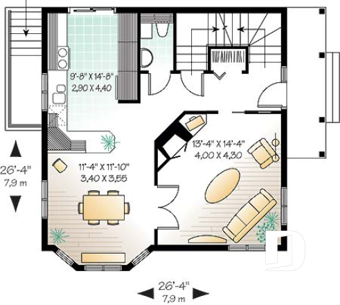 1st level - Scandinavian family wood cottage house plan, 2 bedrooms, mezzanine, low budget, great style - Woodland