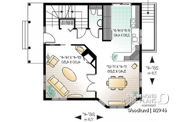 1st level - Scandinavian family wood cottage house plan, 2 bedrooms, mezzanine, low budget, great style - Woodland
