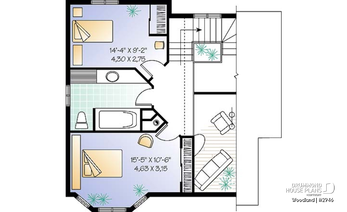 2nd level - Scandinavian family wood cottage house plan, 2 bedrooms, mezzanine, low budget, great style - Woodland
