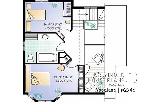 2nd level - Scandinavian family wood cottage house plan, 2 bedrooms, mezzanine, low budget, great style - Woodland