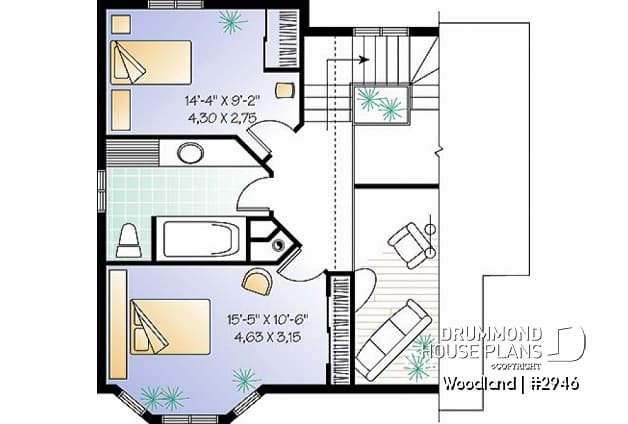 2nd level - Scandinavian family wood cottage house plan, 2 bedrooms, mezzanine, low budget, great style - Woodland
