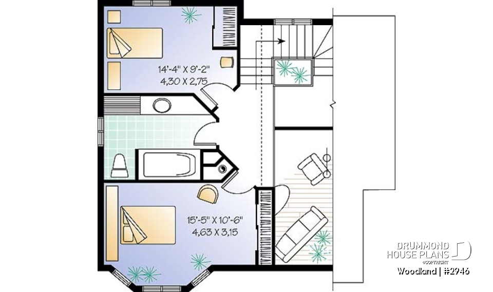 2nd level - Scandinavian family wood cottage house plan, 2 bedrooms, mezzanine, low budget, great style - Woodland