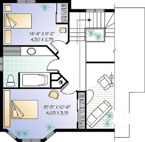 2nd level - Scandinavian family wood cottage house plan, 2 bedrooms, mezzanine, low budget, great style - Woodland