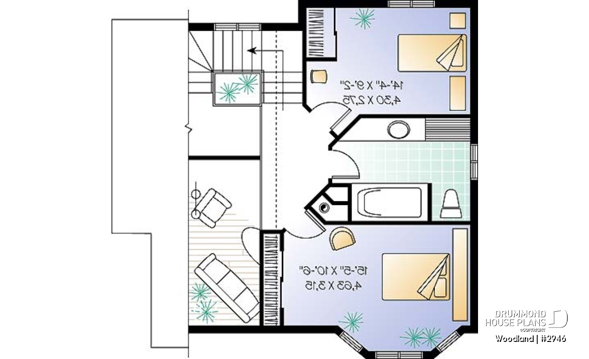 2nd level - Scandinavian family wood cottage house plan, 2 bedrooms, mezzanine, low budget, great style - Woodland