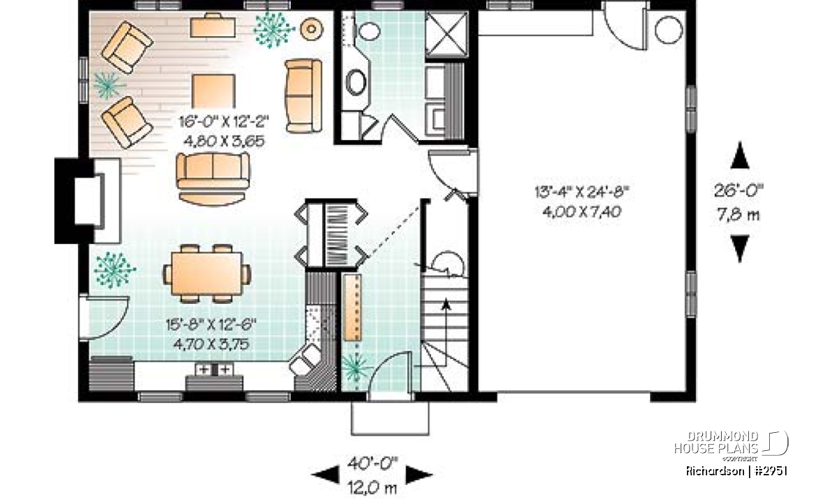 1st level - Rustic cottage house plan, open floor plan with fireplace, 3 bedrooms, garage - Richardson