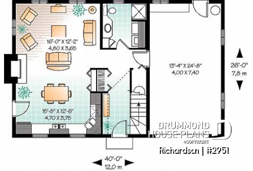 1st level - Rustic cottage house plan, open floor plan with fireplace, 3 bedrooms, garage - Richardson
