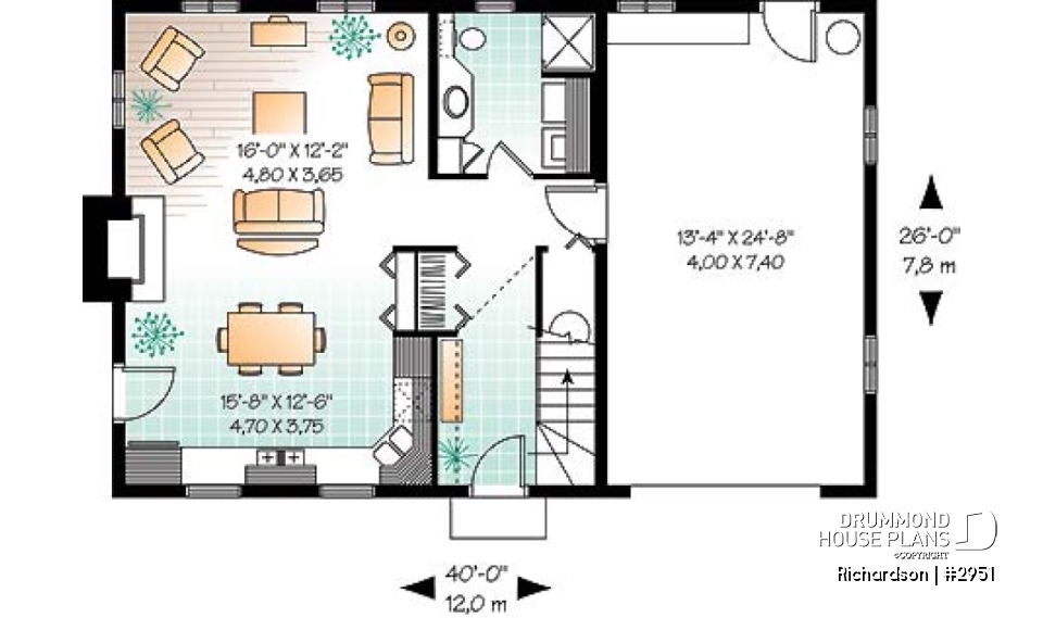1st level - Rustic cottage house plan, open floor plan with fireplace, 3 bedrooms, garage - Richardson