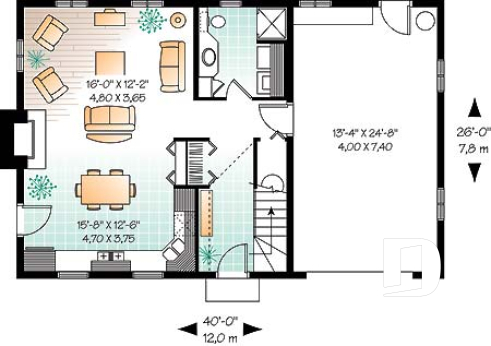 1st level - Rustic cottage house plan, open floor plan with fireplace, 3 bedrooms, garage - Richardson