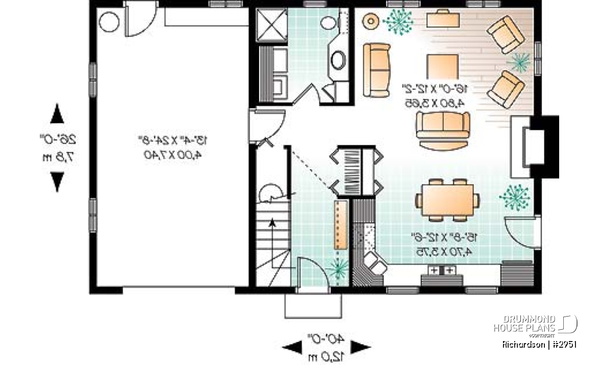 1st level - Rustic cottage house plan, open floor plan with fireplace, 3 bedrooms, garage - Richardson
