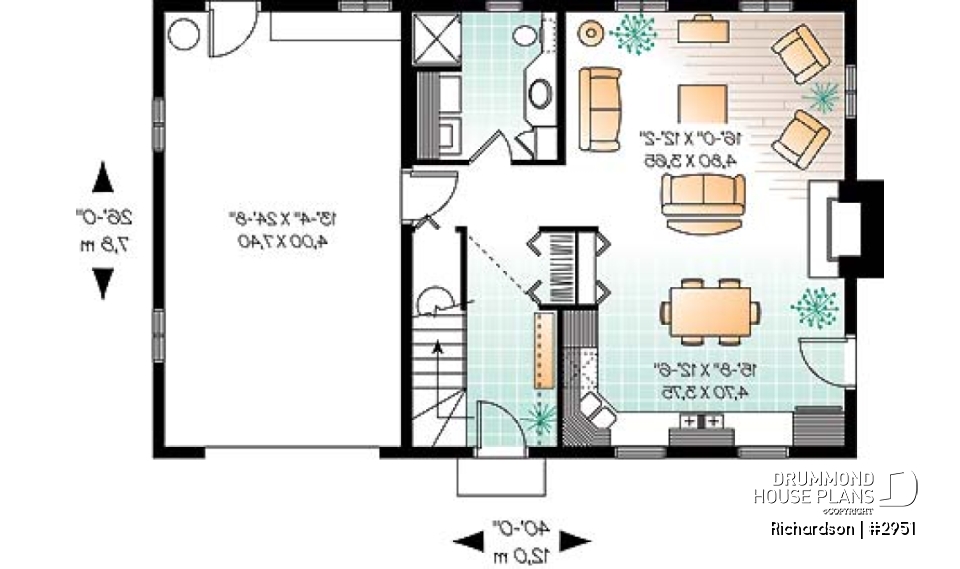 1st level - Rustic cottage house plan, open floor plan with fireplace, 3 bedrooms, garage - Richardson