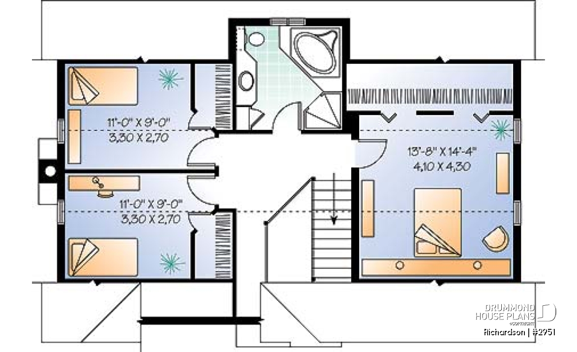 2nd level - Rustic cottage house plan, open floor plan with fireplace, 3 bedrooms, garage - Richardson
