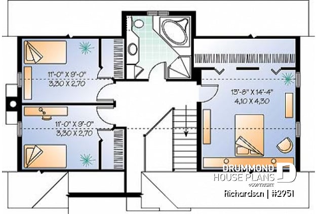 2nd level - Rustic cottage house plan, open floor plan with fireplace, 3 bedrooms, garage - Richardson