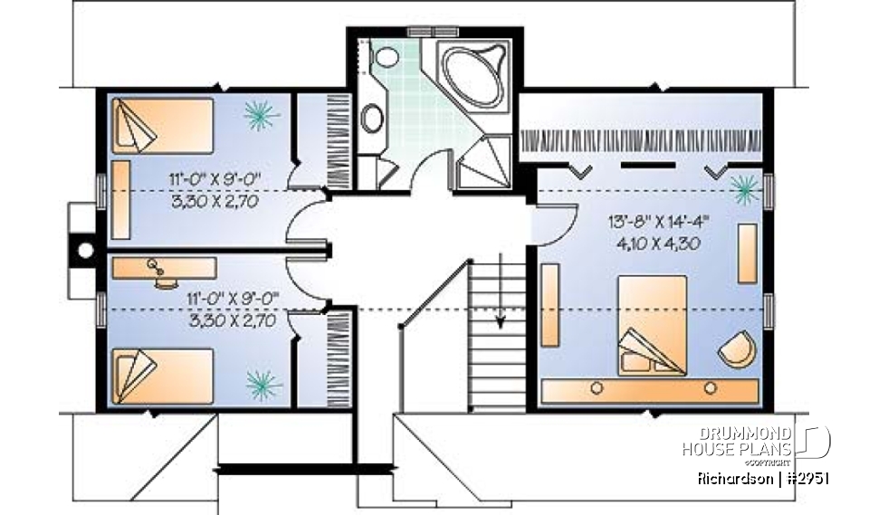 2nd level - Rustic cottage house plan, open floor plan with fireplace, 3 bedrooms, garage - Richardson