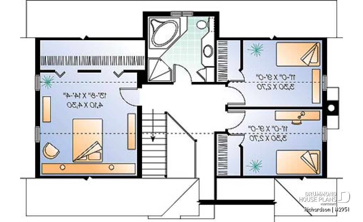 2nd level - Rustic cottage house plan, open floor plan with fireplace, 3 bedrooms, garage - Richardson