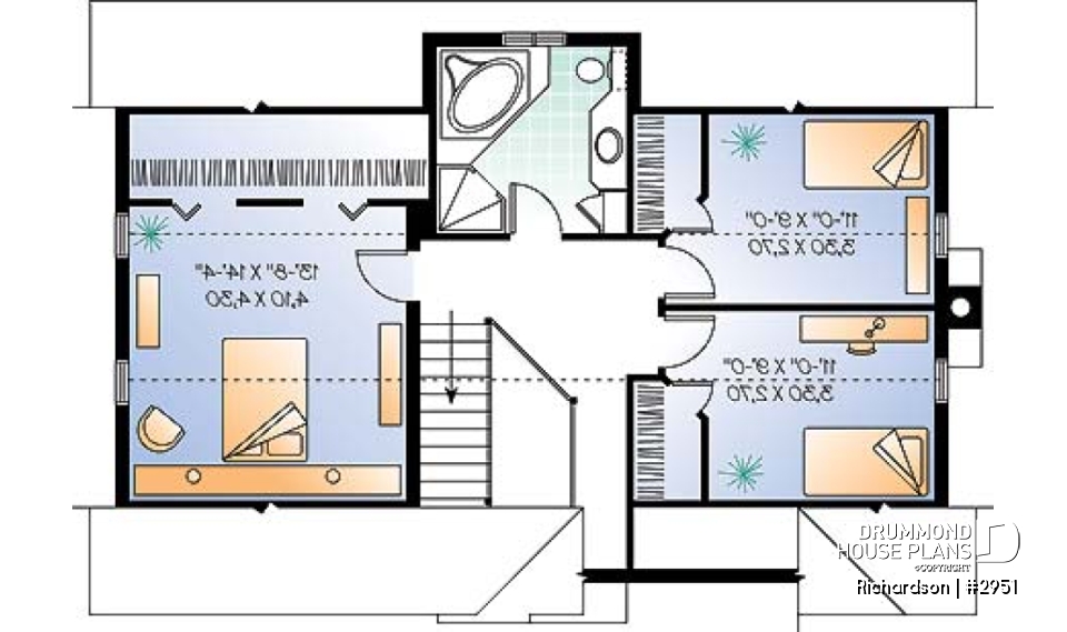 2nd level - Rustic cottage house plan, open floor plan with fireplace, 3 bedrooms, garage - Richardson