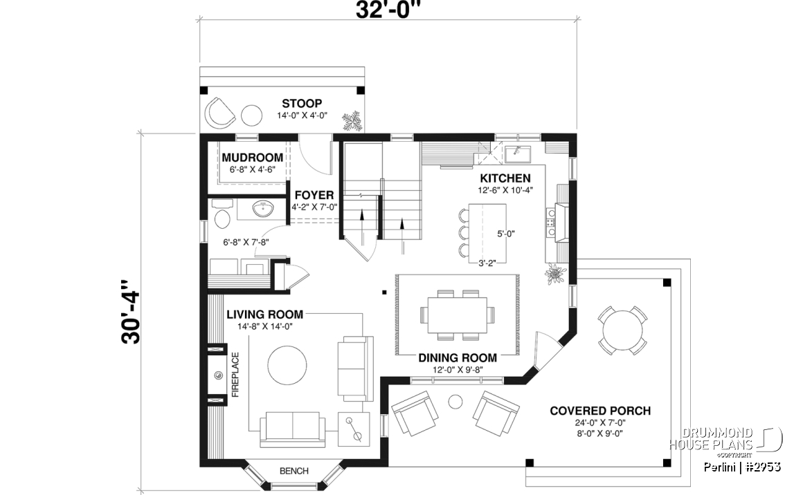 1st level - Country style 3 large bedroom home plan,  large front covered porch, kitchen island, mud room - Perlini