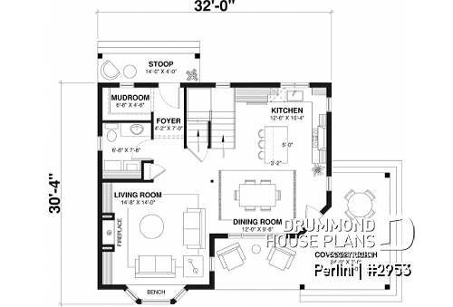 1st level - Country style 3 large bedroom home plan,  large front covered porch, kitchen island, mud room - Perlini