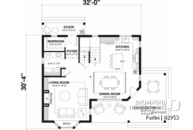 1st level - Country style 3 large bedroom home plan,  large front covered porch, kitchen island, mud room - Perlini