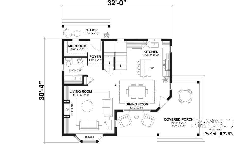 1st level - Country style 3 large bedroom home plan,  large front covered porch, kitchen island, mud room - Perlini