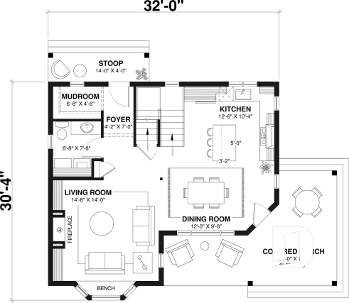 1st level - Country style 3 large bedroom home plan,  large front covered porch, kitchen island, mud room - Perlini