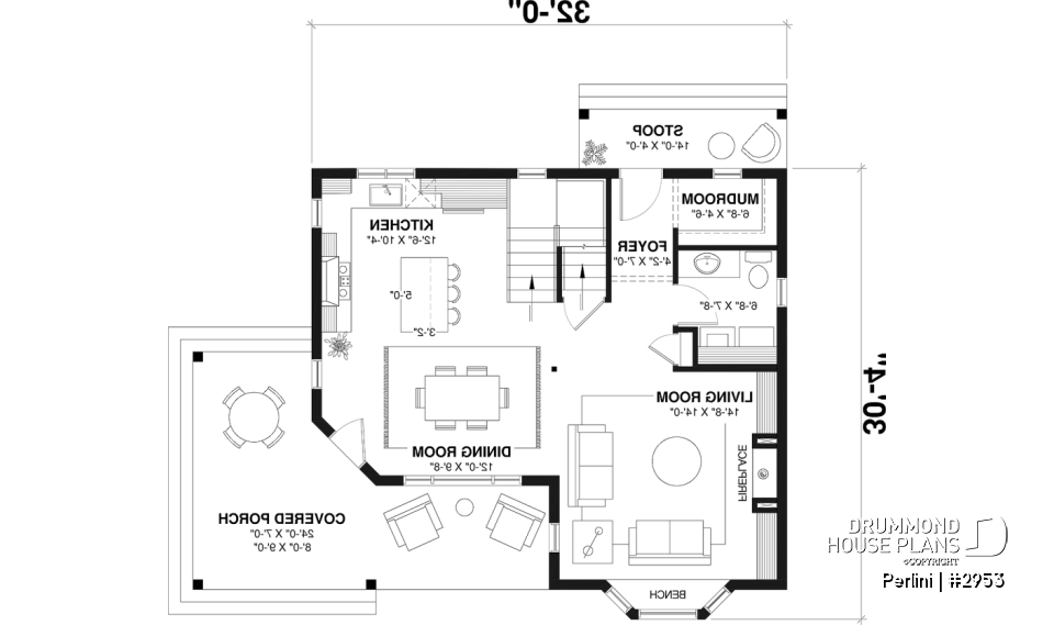 1st level - Country style 3 large bedroom home plan,  large front covered porch, kitchen island, mud room - Perlini