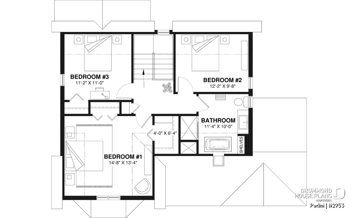 2nd level - Country style 3 large bedroom home plan,  large front covered porch, kitchen island, mud room - Perlini