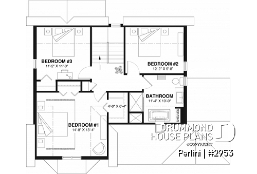 2nd level - Country style 3 large bedroom home plan,  large front covered porch, kitchen island, mud room - Perlini