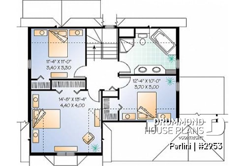 2nd level - Country style 3 large bedroom home plan,  large front covered porch, kitchen island, mud room - Perlini