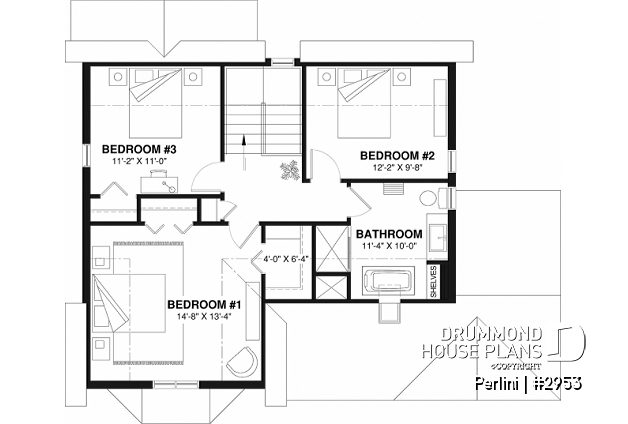 2nd level - Country style 3 large bedroom home plan,  large front covered porch, kitchen island, mud room - Perlini