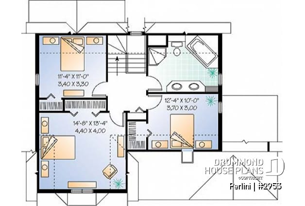 2nd level - Country style 3 large bedroom home plan,  large front covered porch, kitchen island, mud room - Perlini
