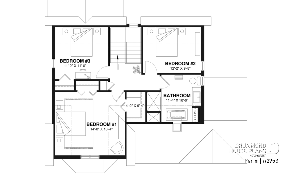 2nd level - Country style 3 large bedroom home plan,  large front covered porch, kitchen island, mud room - Perlini