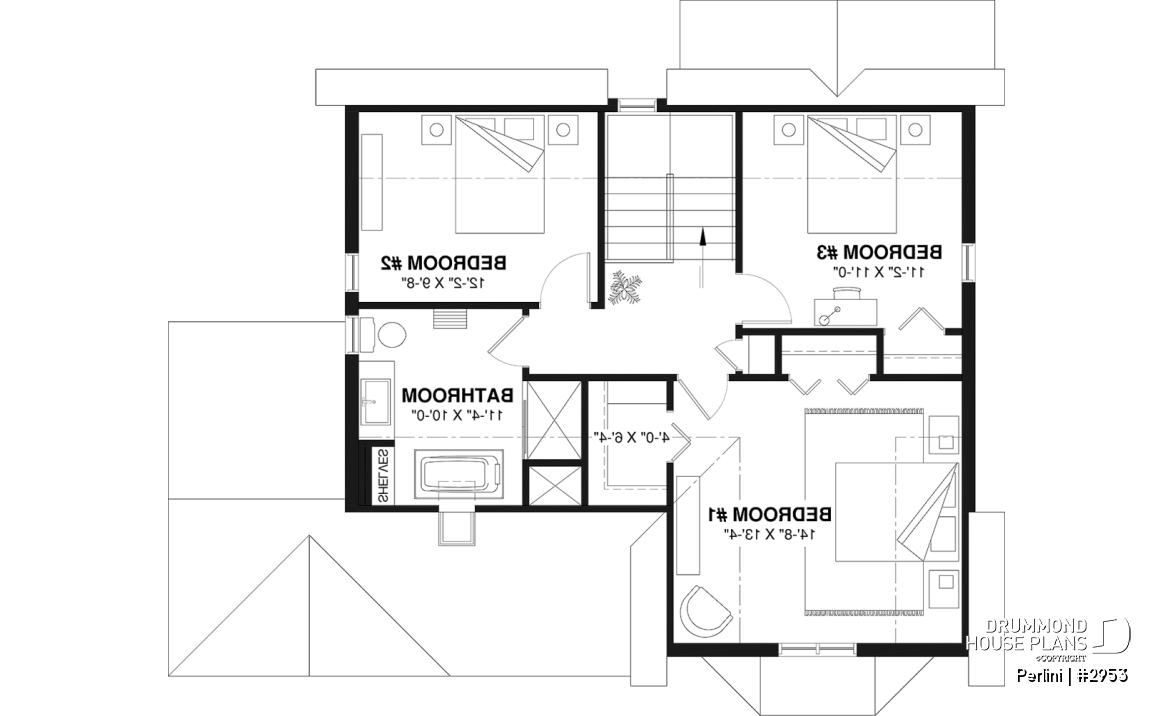 2nd level - Country style 3 large bedroom home plan,  large front covered porch, kitchen island, mud room - Perlini