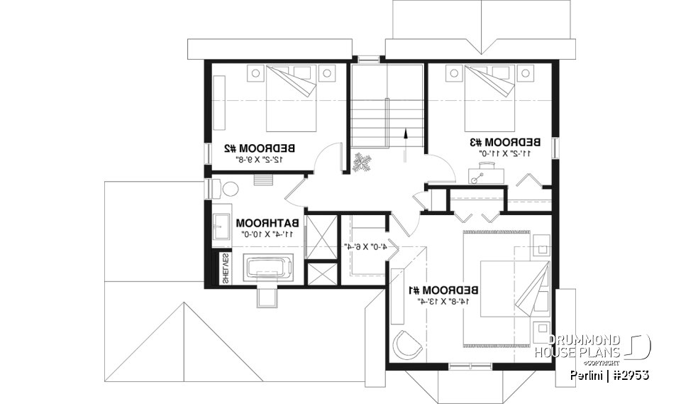 2nd level - Country style 3 large bedroom home plan,  large front covered porch, kitchen island, mud room - Perlini