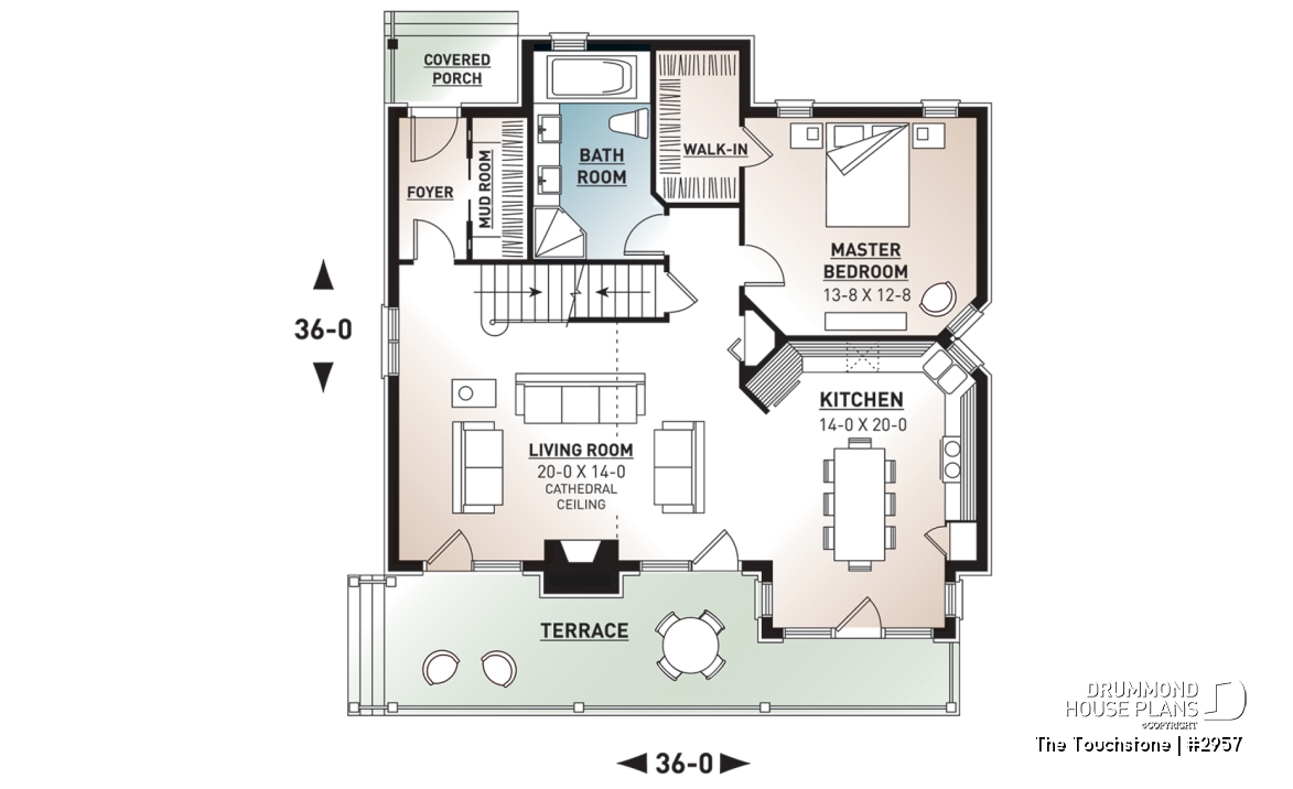 1st level - The Touchstone Home Plan: Mountain style cottage home design, 3 beds, mezzanine, fireplace - The Touchstone