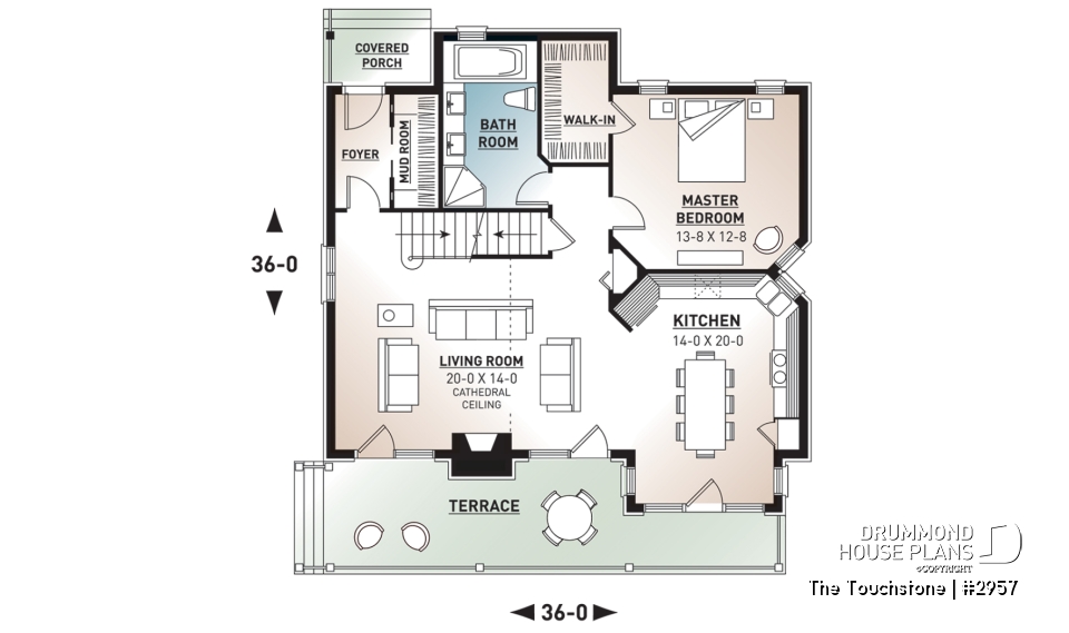 1st level - The Touchstone Home Plan: Mountain style cottage home design, 3 beds, mezzanine, fireplace - The Touchstone