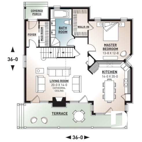 1st level - The Touchstone Home Plan: Mountain style cottage home design, 3 beds, mezzanine, fireplace - The Touchstone