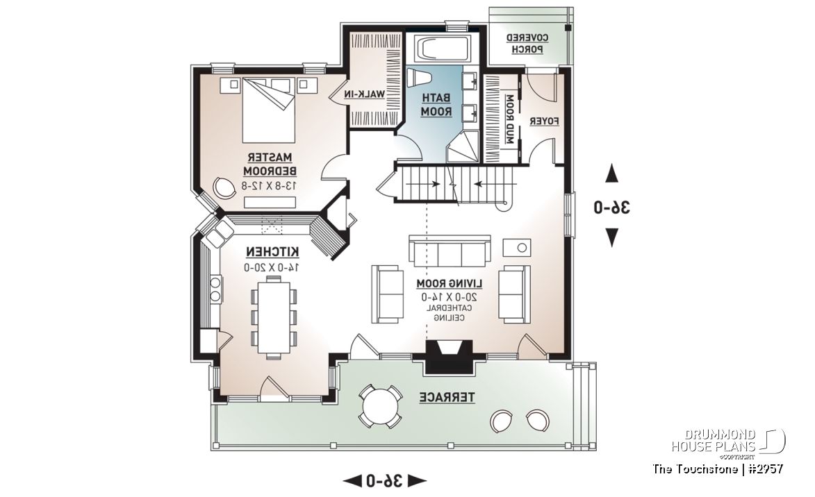 1st level - The Touchstone Home Plan: Mountain style cottage home design, 3 beds, mezzanine, fireplace - The Touchstone