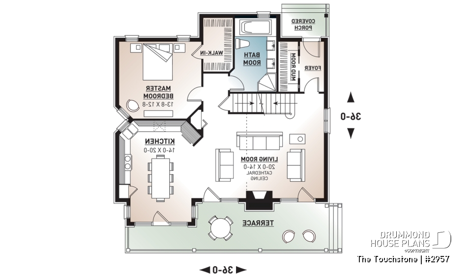 1st level - The Touchstone Home Plan: Mountain style cottage home design, 3 beds, mezzanine, fireplace - The Touchstone