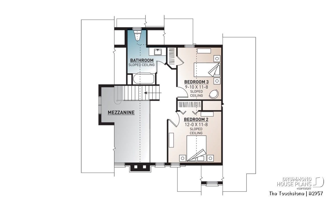2nd level - The Touchstone Home Plan: Mountain style cottage home design, 3 beds, mezzanine, fireplace - The Touchstone