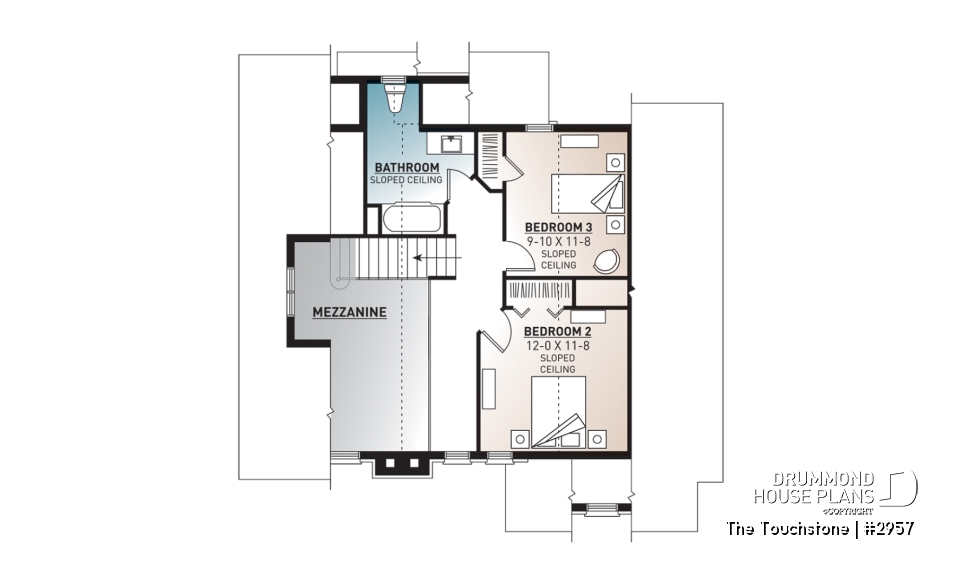 2nd level - The Touchstone Home Plan: Mountain style cottage home design, 3 beds, mezzanine, fireplace - The Touchstone