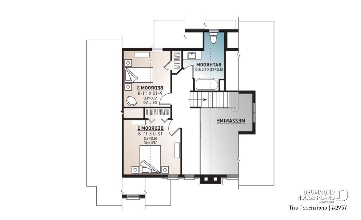2nd level - The Touchstone Home Plan: Mountain style cottage home design, 3 beds, mezzanine, fireplace - The Touchstone