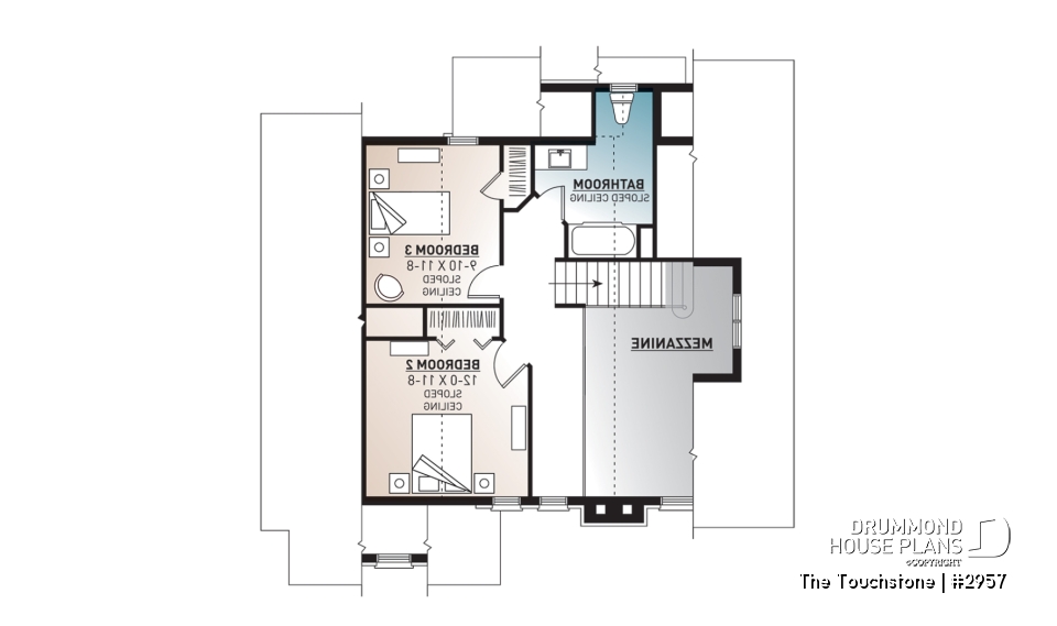 2nd level - The Touchstone Home Plan: Mountain style cottage home design, 3 beds, mezzanine, fireplace - The Touchstone