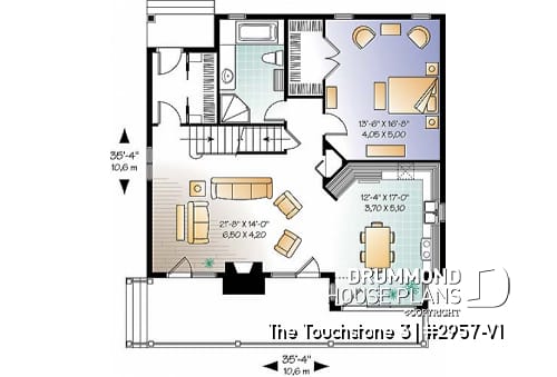 1st level - Lakefront cottage plan, walkout  basement, 3 to 4 bedrooms, open floor plan layout, fireplace - The Touchstone 5