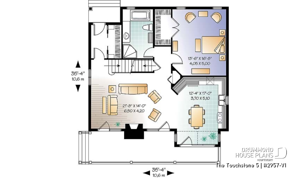1st level - Lakefront cottage plan, walkout  basement, 3 to 4 bedrooms, open floor plan layout, fireplace - The Touchstone 5