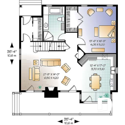 1st level - Lakefront cottage plan, walkout  basement, 3 to 4 bedrooms, open floor plan layout, fireplace - The Touchstone 5