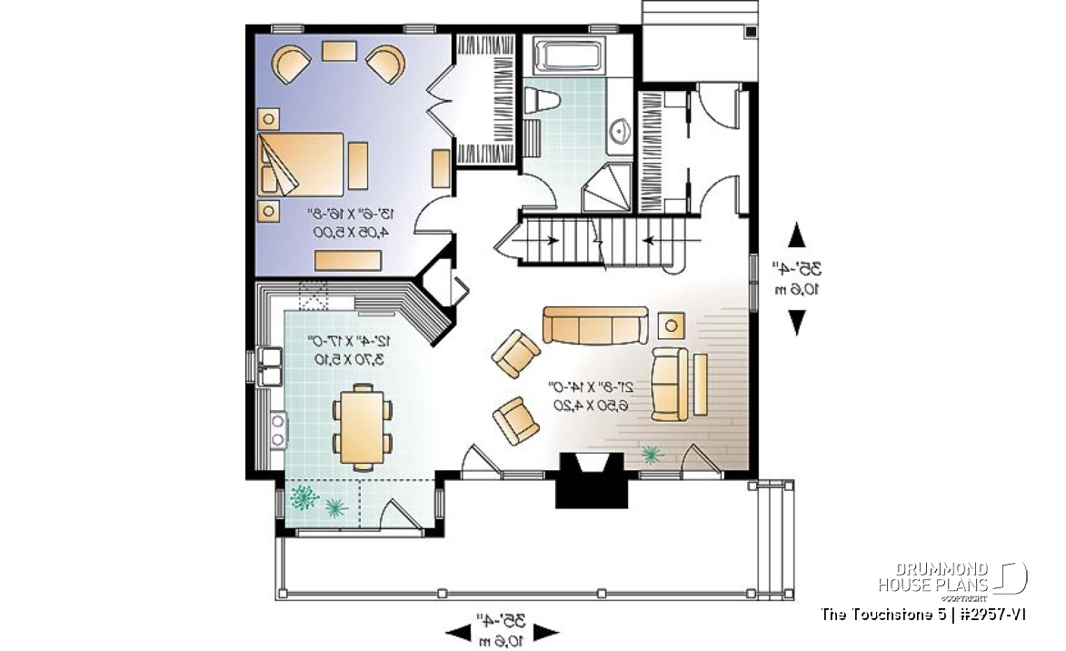 1st level - Lakefront cottage plan, walkout  basement, 3 to 4 bedrooms, open floor plan layout, fireplace - The Touchstone 5