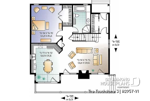 1st level - Lakefront cottage plan, walkout  basement, 3 to 4 bedrooms, open floor plan layout, fireplace - The Touchstone 5