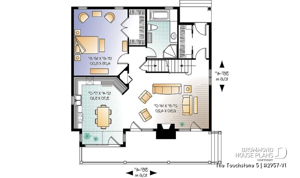 1st level - Lakefront cottage plan, walkout  basement, 3 to 4 bedrooms, open floor plan layout, fireplace - The Touchstone 5